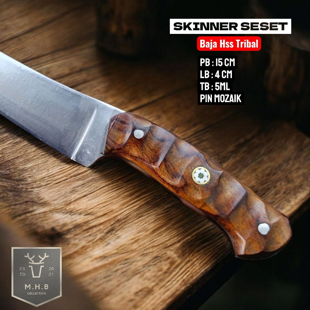 Pisau Skinner Seset Bushcraft Hss Fulltang Kayu Sonokeling Tribal Mewah