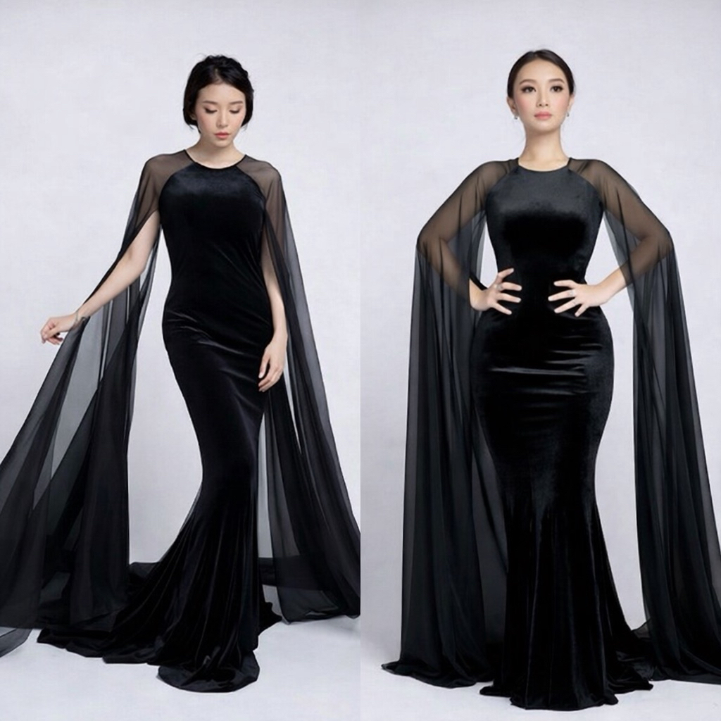 Chiobushop - (Aurel 1) Black Elegant Mermaid Dress | Velvet Premium + Cape Tile Flowing | Gaun Pesta