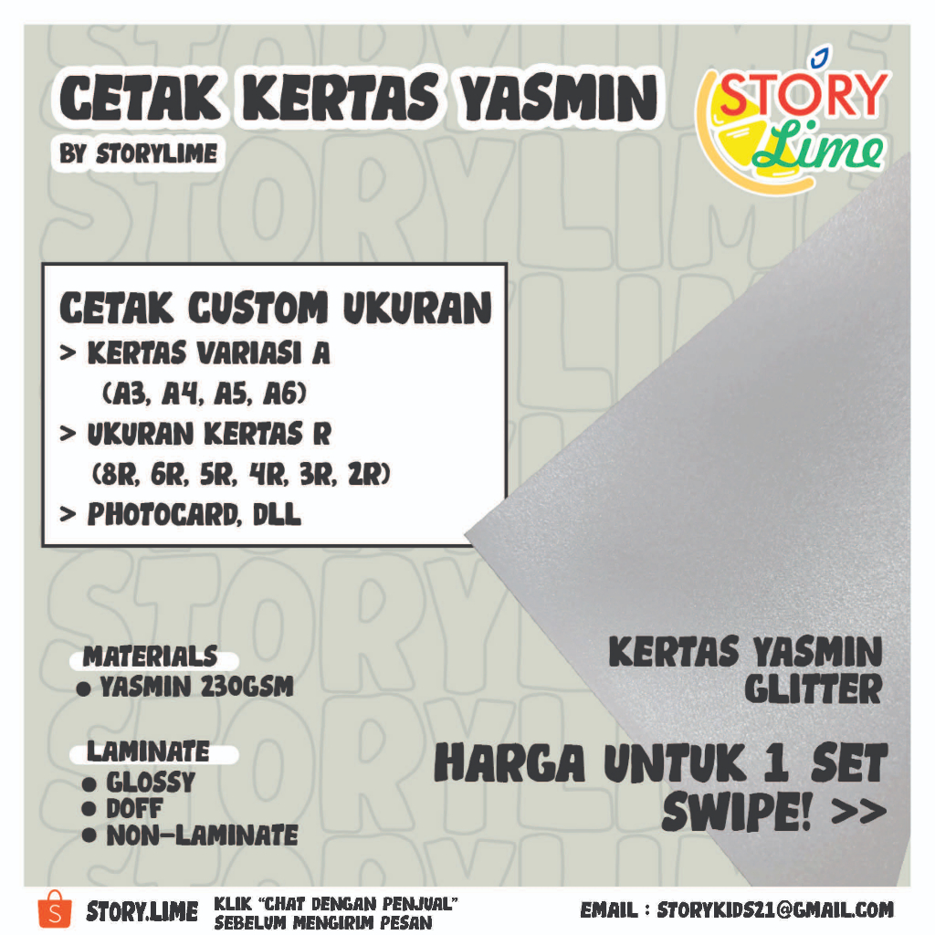 (HARGA PER SET) Cetak Art Print Kertas Yasmin Glitter Bebas Custom Gambar & Ukuran (Cetak photocard,