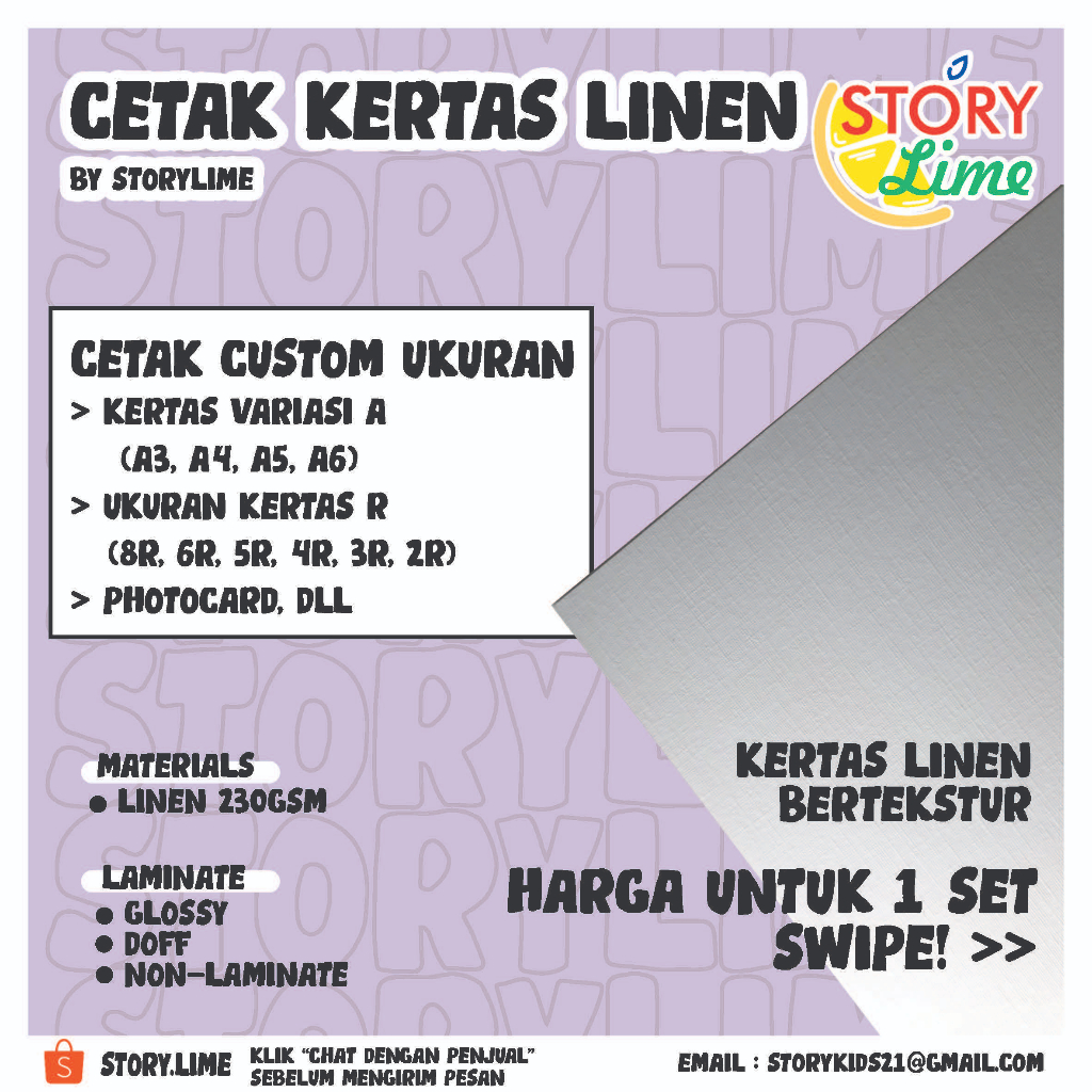 (HARGA PER SET) Cetak Art Print Kertas Linen Bertekstur Bebas Custom Gambar & Ukuran (Cetak photocar