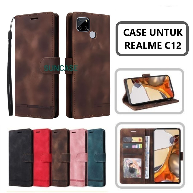 Casing hp REALME C12 model flip dompet softcase premium ada tali