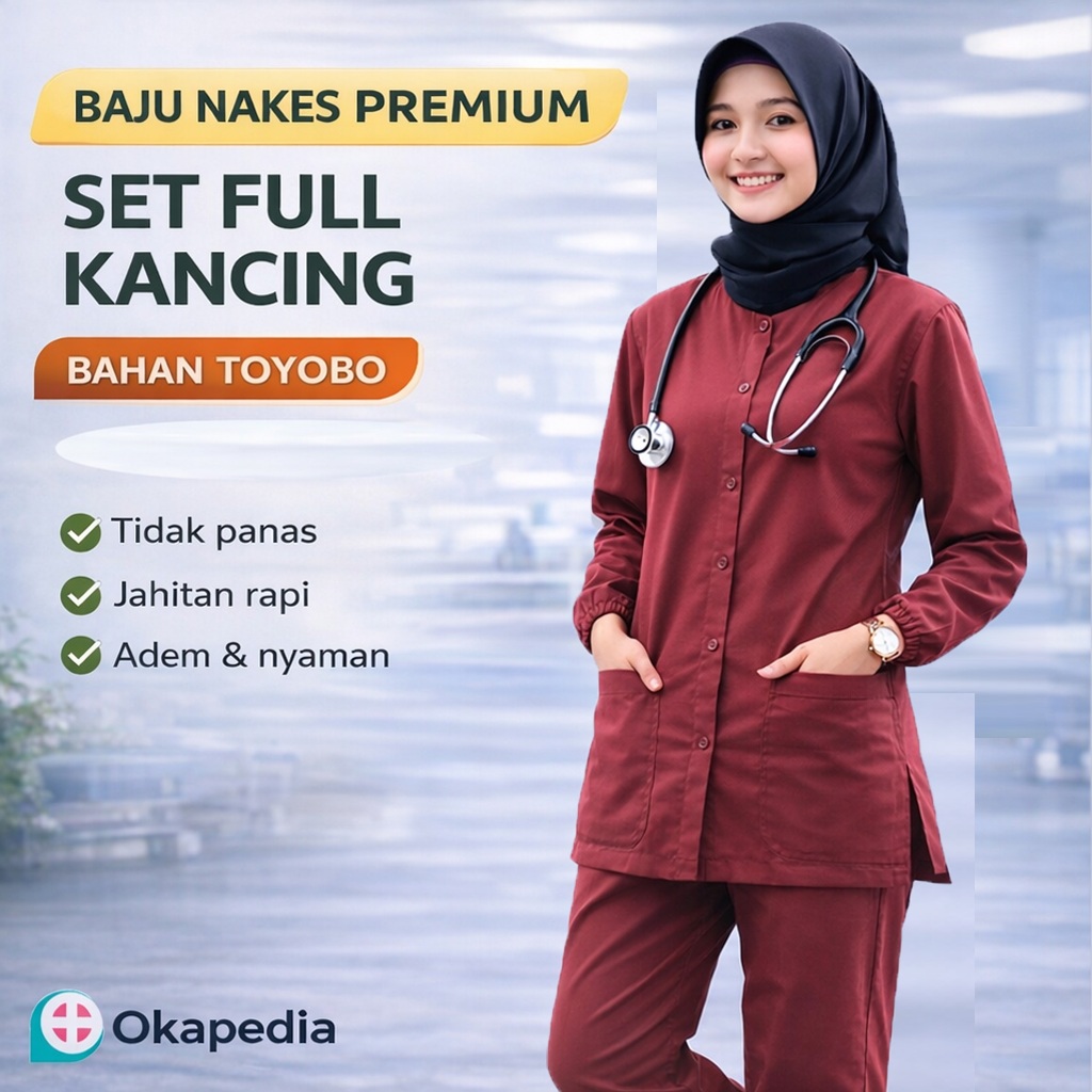 Baju JAGA OKA KANCING DEPAN Lengan Panjang Karet Dokter Petugas medis Perawat Toyobo