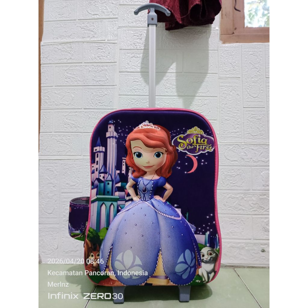Tas anak TK/anak perempuan/Tas koper gambar Sofia the First/warna ungu/roda dorong ny tiga/bisa tas 