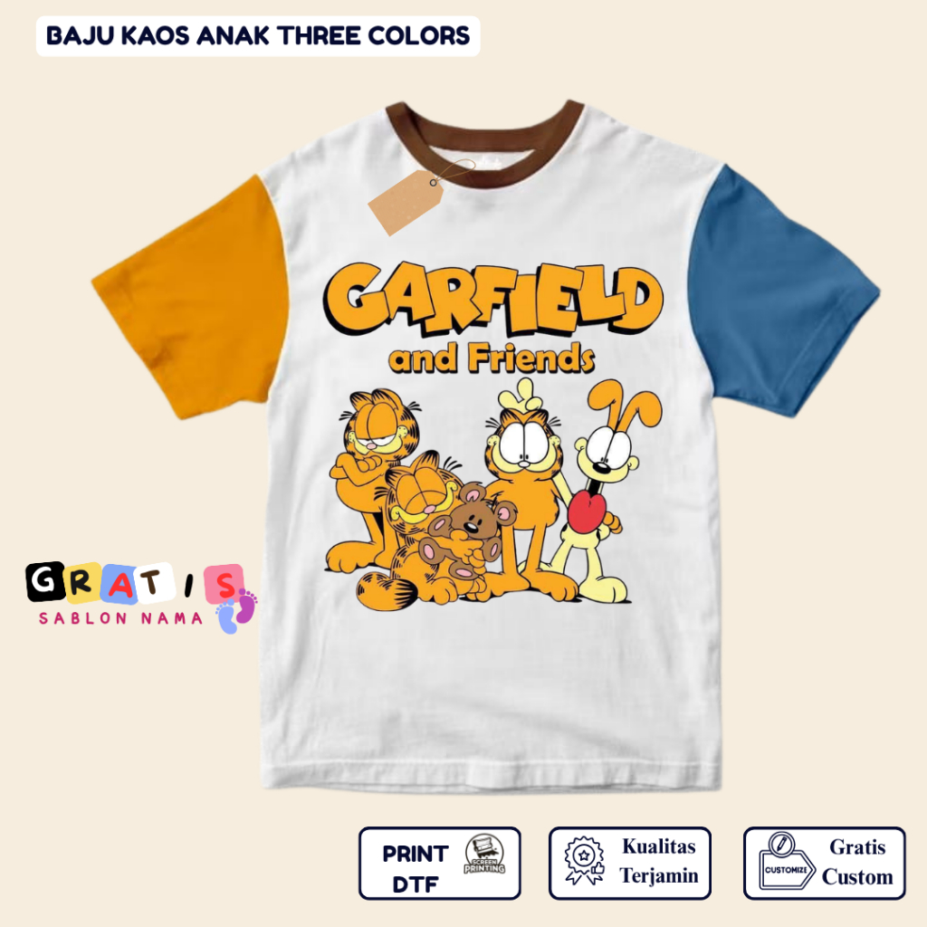 shabira tas  - Kaos Anak GARFIELD  - Kaos Anak Pendek Three Colors Dino - Kaos Anak Sablon Nama