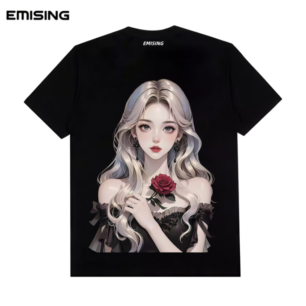 EMISING Kaos Distro Dengan Gambar Gadis & Mawar Elegan, Bahan Katun, Warna Hitam & Putih Pilihan
