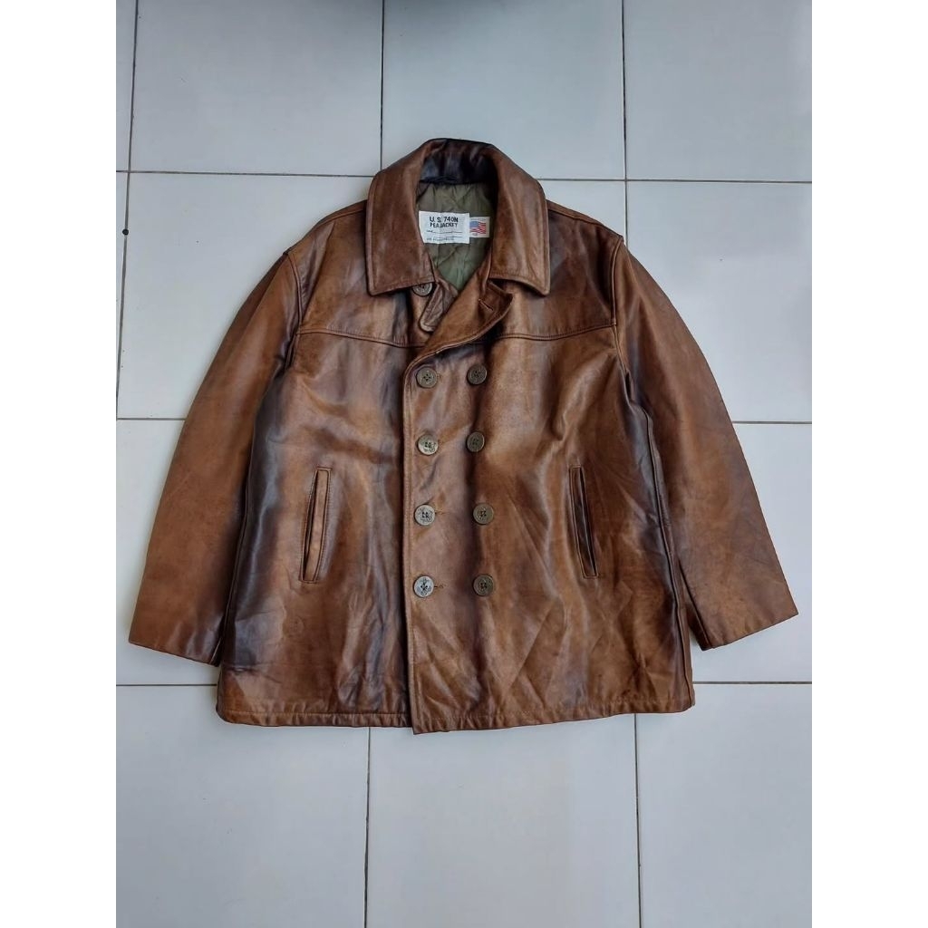 SCHOTT 704N PEA COAT LEATHER JACKET VINTAGE MILITARY ARMY US NAVAL JAKET KULIT CLASSIC RETRO RUGGED 
