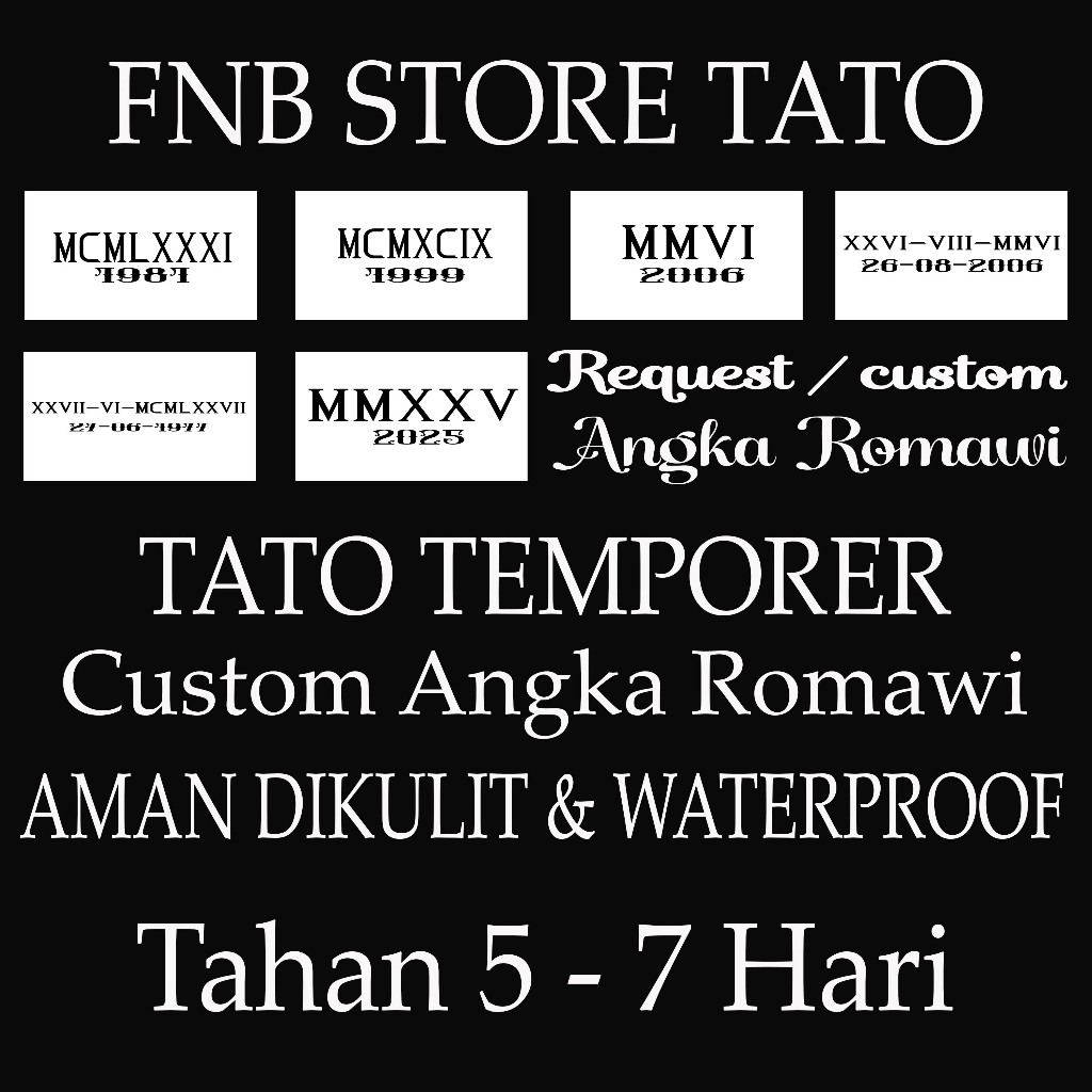 Tatto Temporer, Sticker Tatto Custom Angka Romawi Waterproof Tahan 5-7 Hari