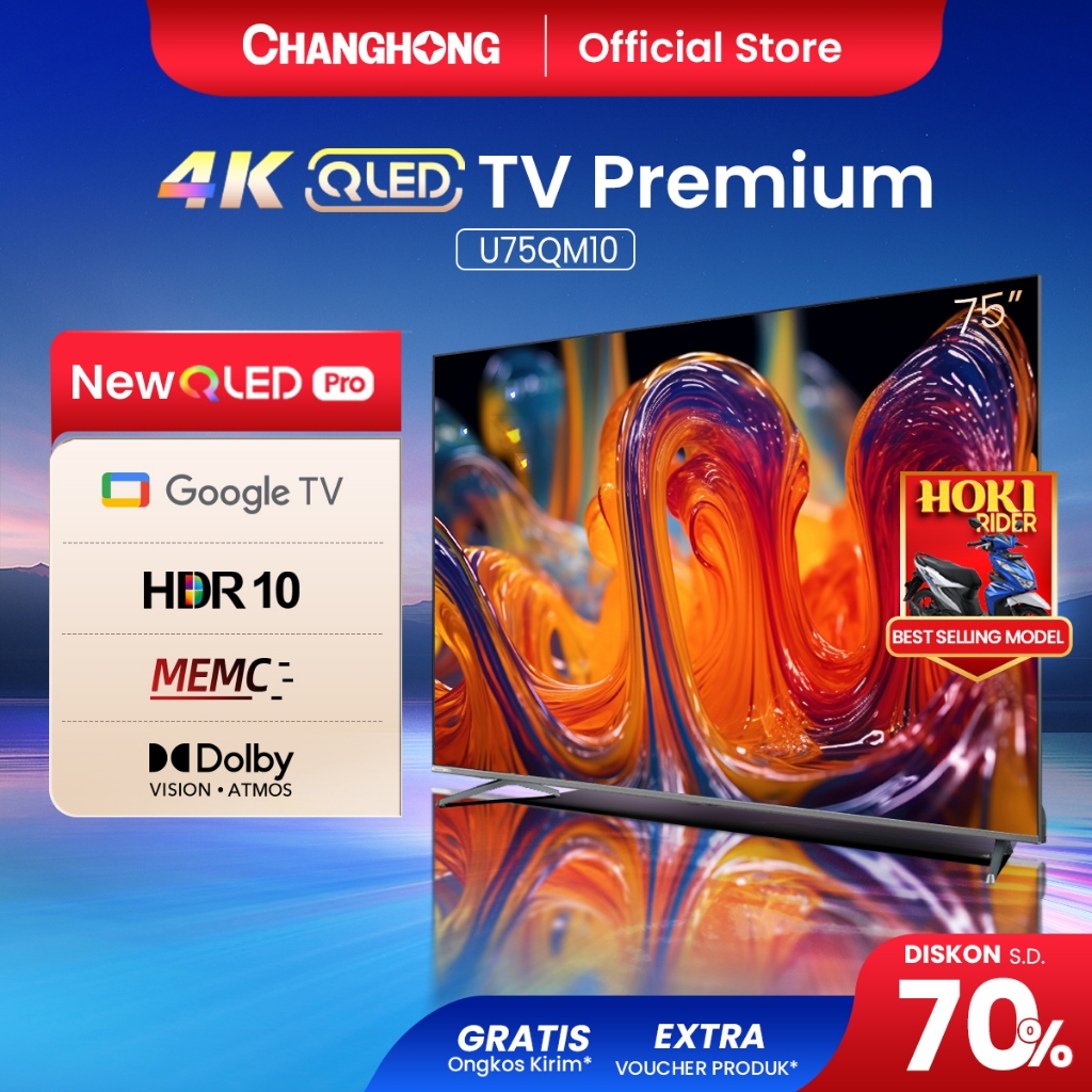 Changhong QLED TV 4K 75 inch Google Smart QLED PRO Digital TV Dolby Audio DBX-TV Google Play Netflix