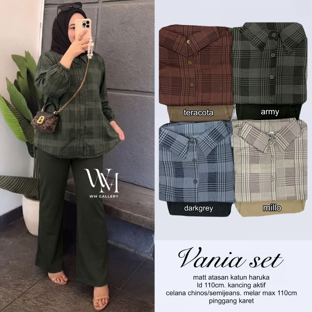 Vania Set - Baju Wanita Plaid dengan Kancing Aktif, Celana Chino/Semijans, Melar Max 110cm, Pinggang