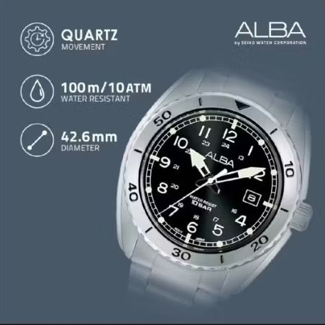 Jam Tangan Alba Pria AS9U75X1 Quartz Movement  WR100M Black Dial All Stainless Steel
