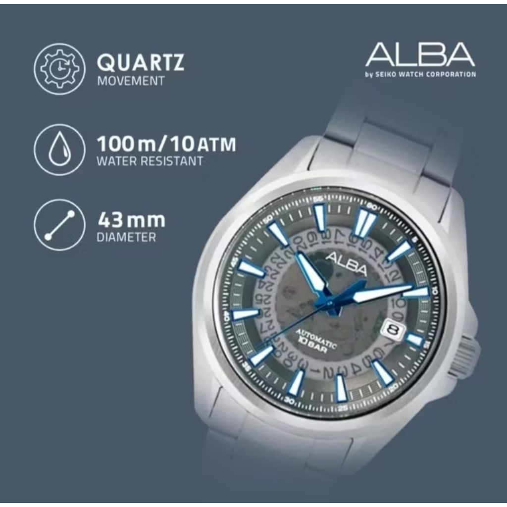 Jam Tangan Alba Pria AU4033X1 Automatic Movement  Grey Dial Diameter 43mm All Stainless Steel Bracel