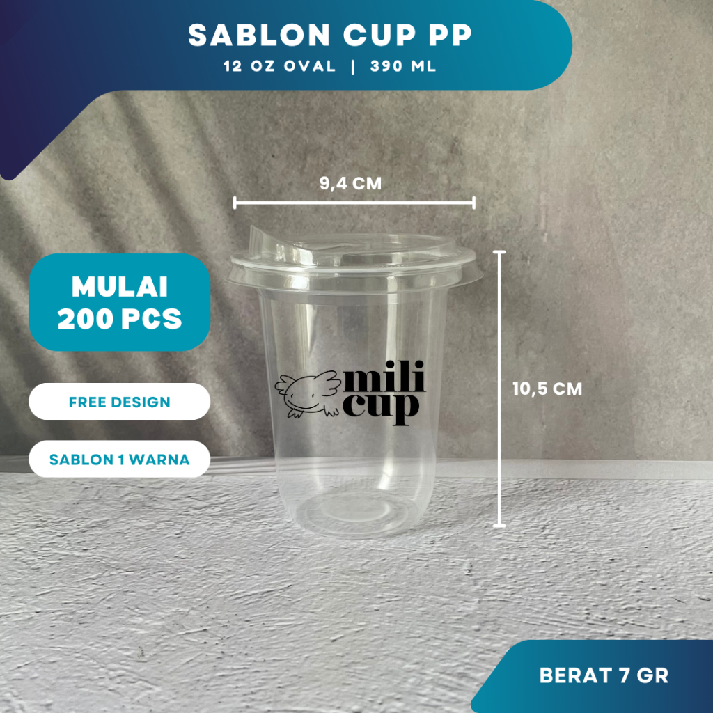 Sablon Gelas Cup Plastik PP 12 Oz Oval Custom Logo | Cetak Gelas Plastik Kopi Cafe Premium Tebal