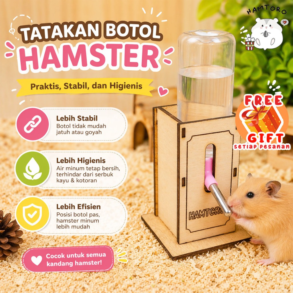 Hamtoro Tatakan Botol Hamster Kayu Tempat Minum Hamster Dudukan Botol Minum Hamster Kayu Premium