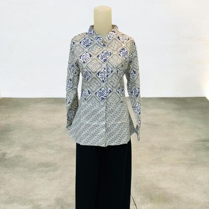 Blouse Batik Wanita Lengan Panjang Motif Jogja Kombinasi Salur Modern Casual/Blouse Batik Lengan Pan