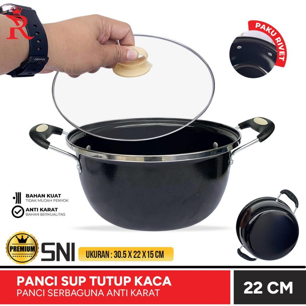 Panci Masak Enamel 22cm Tutup Kaca Panci Sup Hitam Sinda