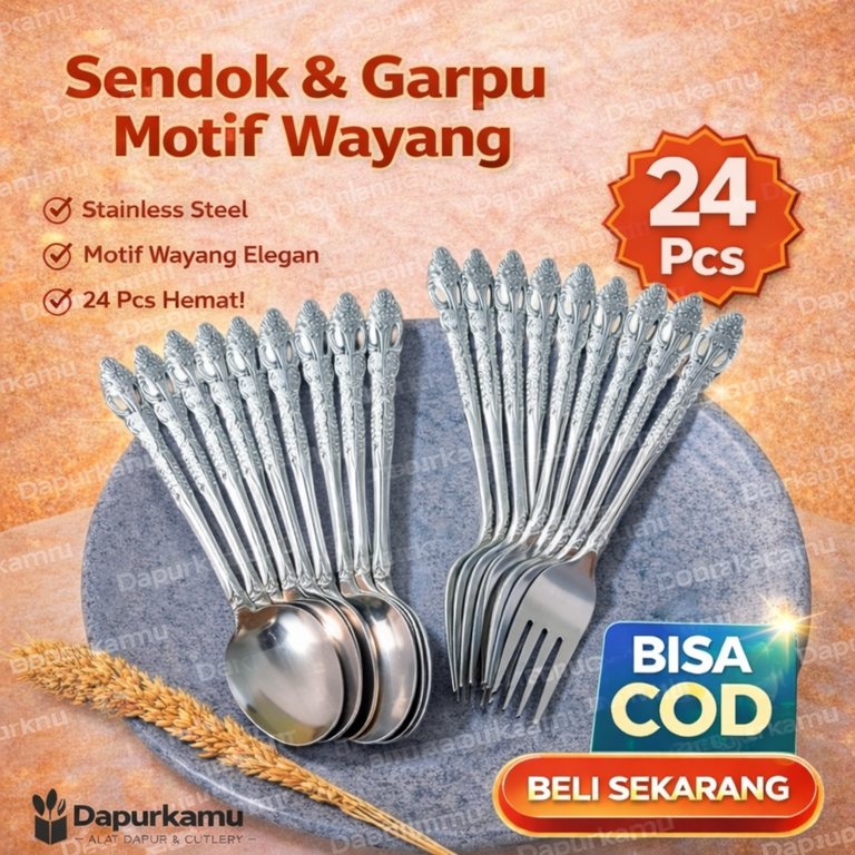 [COD] Sendok Garpu Makan Stainless 24 Pcs Motif Wayang Elegan Anti Karat Set Sendok Garpu Dapur Send
