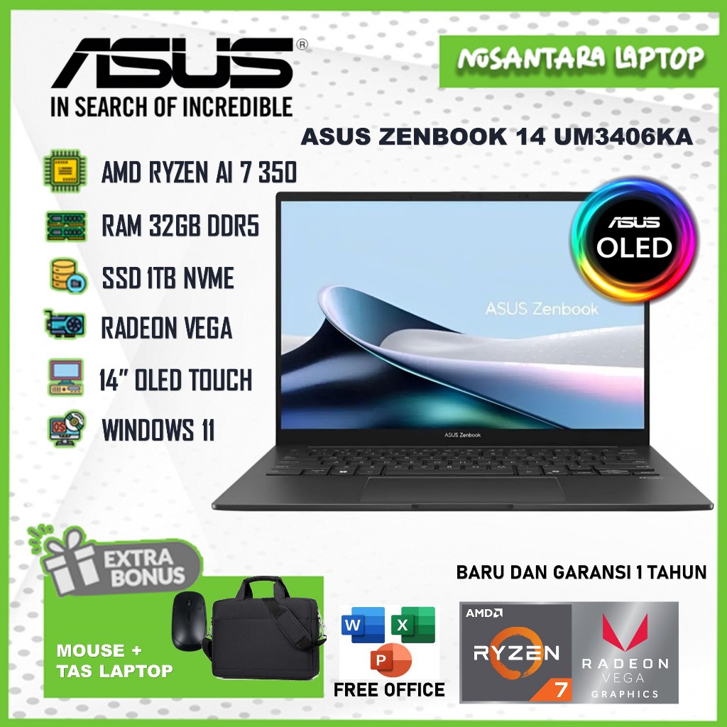 Laptop Asus Zenbook 14 Oled Ryzen AI 7 350 Ram 32GB DDR5 2TB SSD WUXGA TOUCHSCREEN BACKLITE Win 11