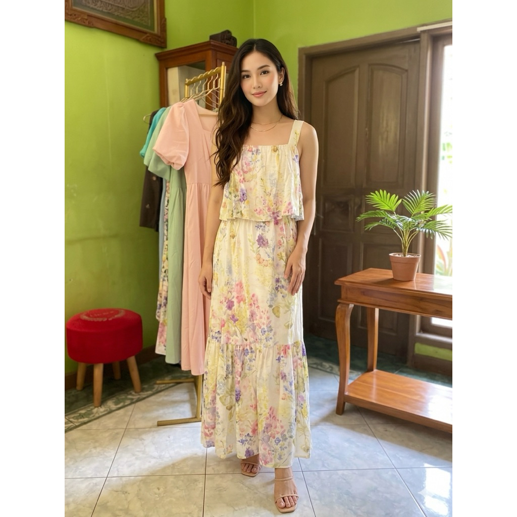 H&M MAMA Flounce-Trimmed Nursing Dress in a floral yellow pattern