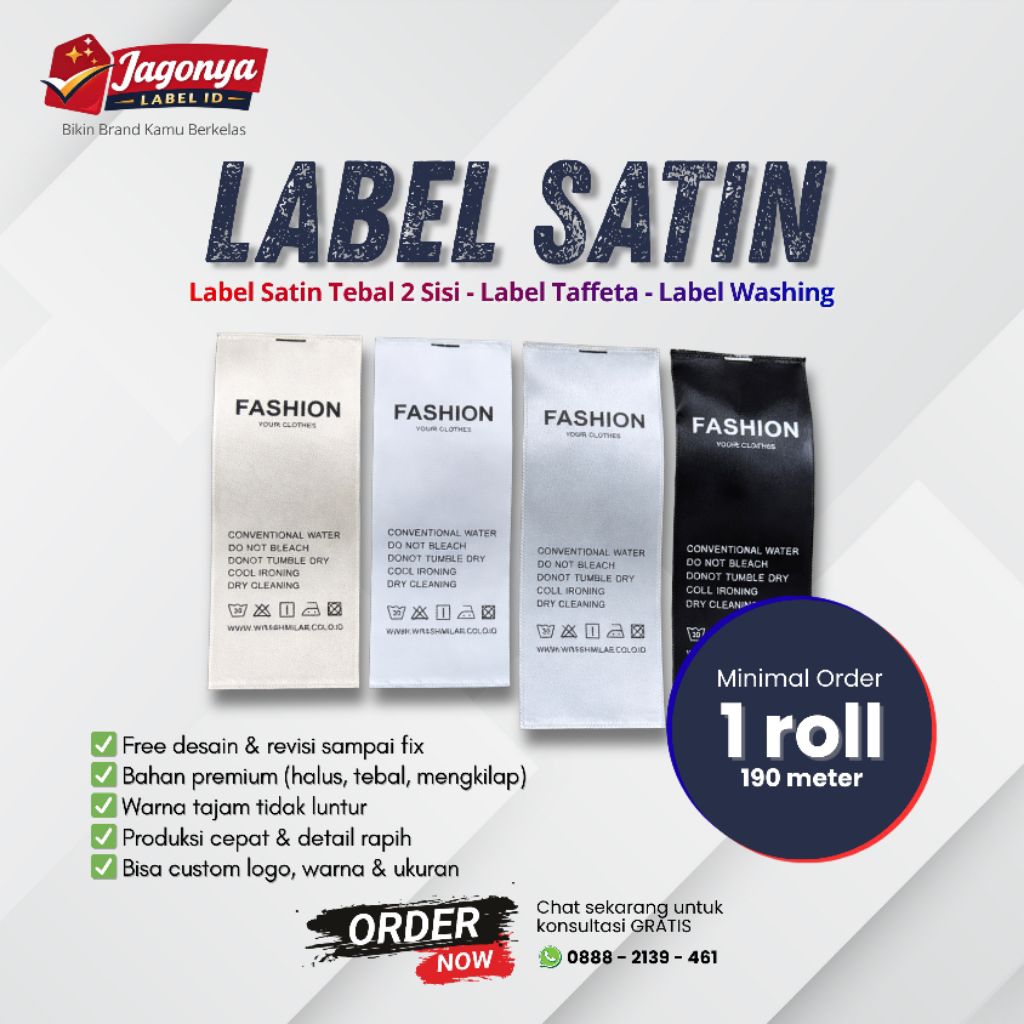Label Satin 2 Sisi Custom Logo 190 Meter | Label Baju Taffeta Tebal | Washing Tag Clothing Brand | C