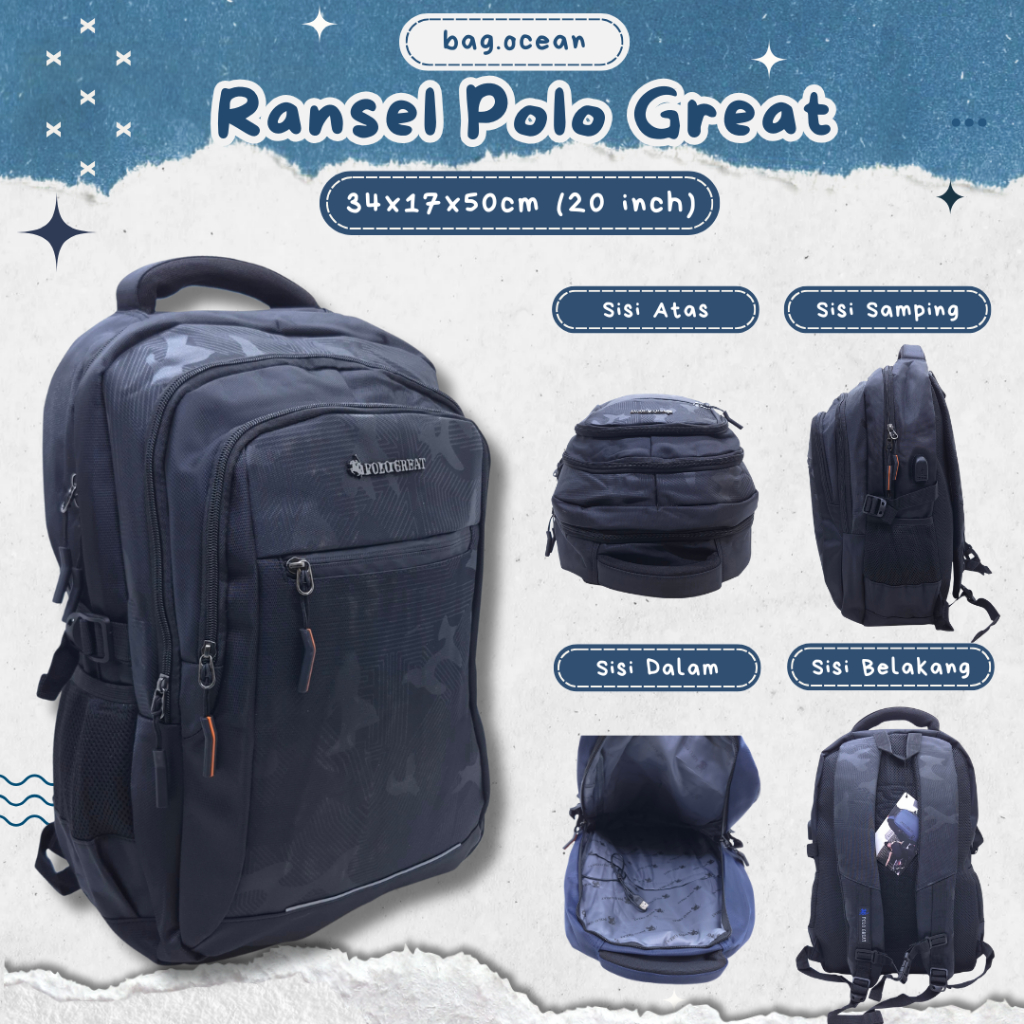 TAS POLO GREAT MOTIF LORENG TENTARA ARMY + USB SIZE JUMBO 20 INCHI KANVAS TAHAN AIR IMPORT 4 RUANG O