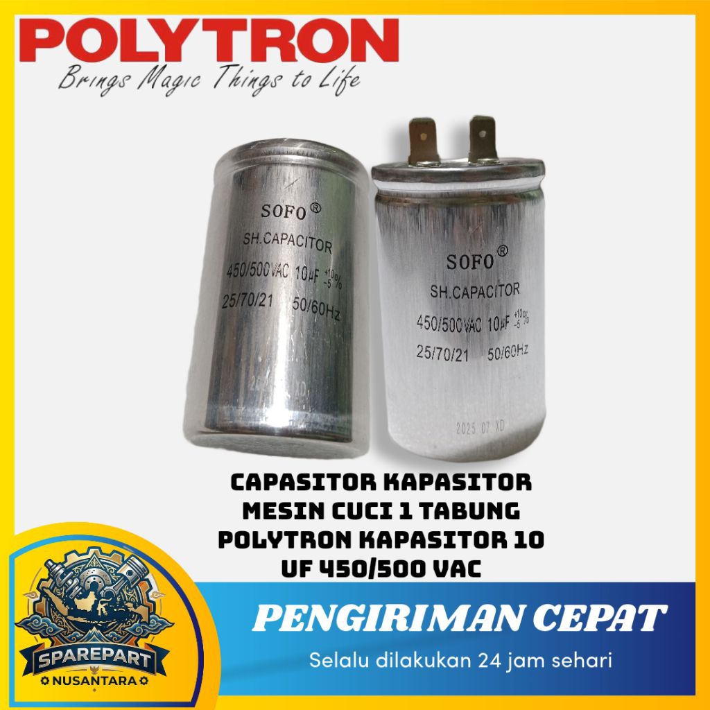 CAPASITOR/KAPASITOR MESIN CUCI 1TABUNG POLYTRON SOFO 10uf 450/500vac