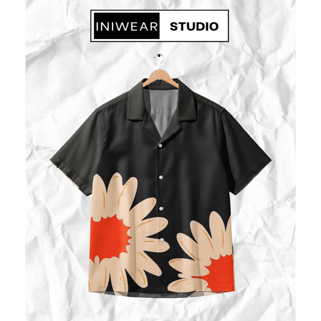 INIWEAR Kemeja Fullprint P-30A Black Daisy - Kemeja Pria Motif Bunga Matahari Besar Premium Bahan Po