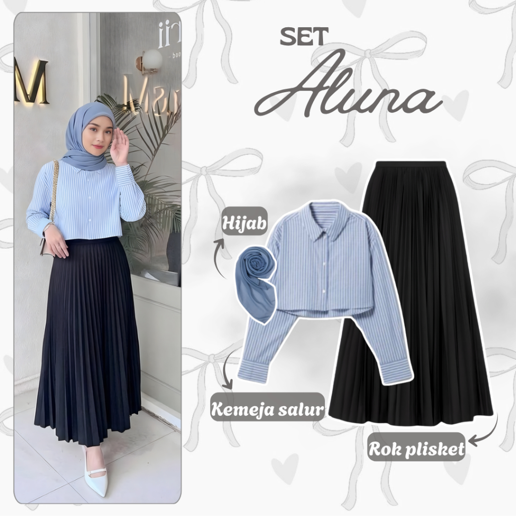 Setelan Hijab Wanita 3in1 Kekinian | Kemeja Crop Salur Sky Blue + Rok Plisket Hyget Hitam + Bella Sq