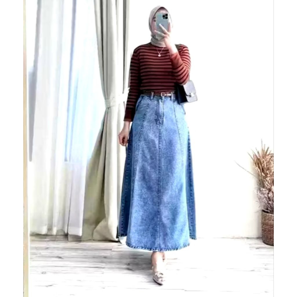 Rok Jeans Panjang Jumbo Wanita  Rok Jeans Panjang Wanita Model A-line  Rok Panjang Karet