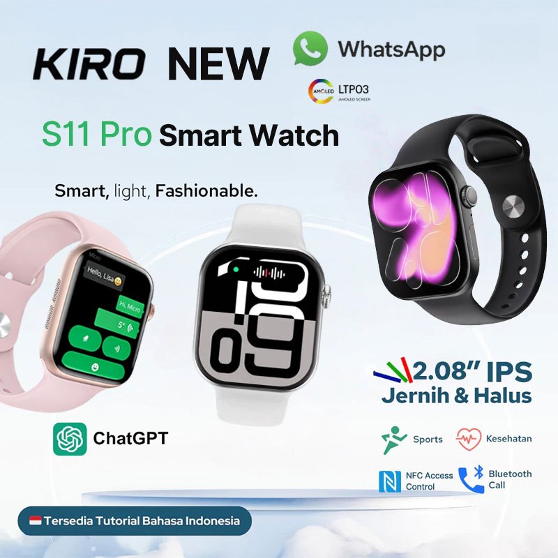 Garansi 1 Tahun KIRO for iPhone Smart Watchsupport Whatsapp ReplyWatch S11 Pro Smartwatch OLED 2.1"