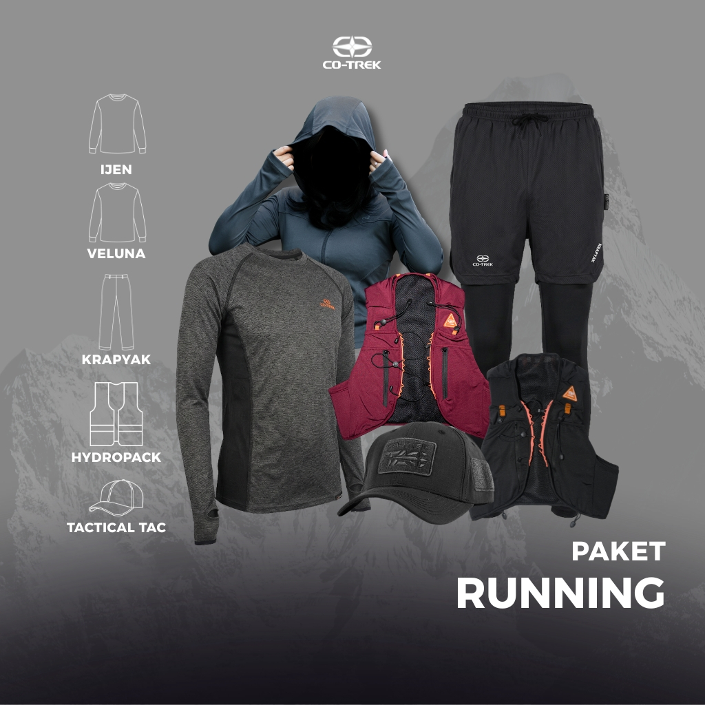 Paket Bundling 4in1 Setelan Running Olahraga Lari Pria Wanita Cotrek Adventure Baselayer Celana Topi