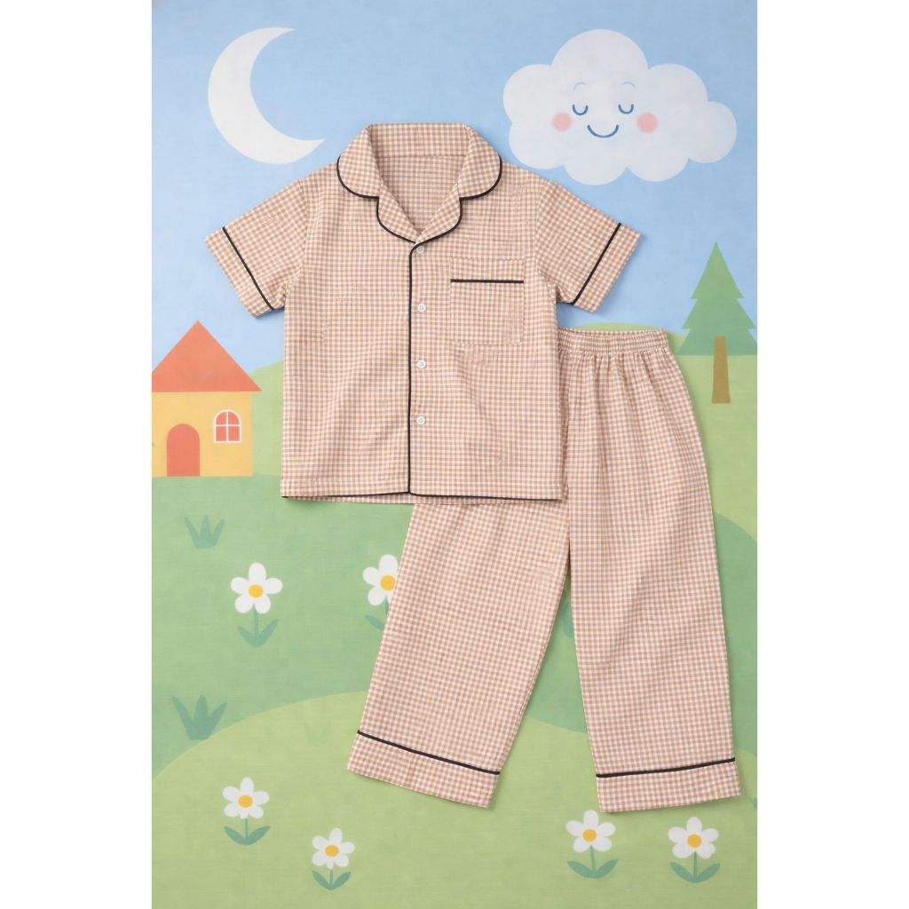 The Little Bee Piyama Anak - Brown Gingham Pajamas Set