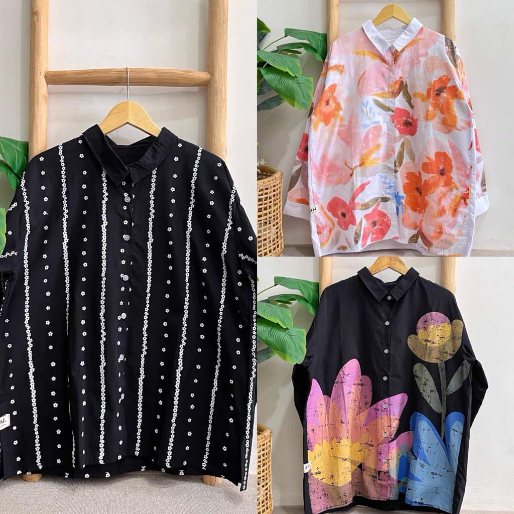 KEMEJA HITAM MOTIF SALUR BUNGA 3337 3338 3339 KEMEJA BLOUSE TUNIK PUTIH BUNGA HITAM BUNGA