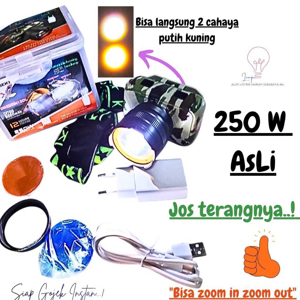 Senter Kepala Kiseki CK-ZOOM 13 DL 250W Asli Baterai 6000MAH Tahan Lama Doreng
