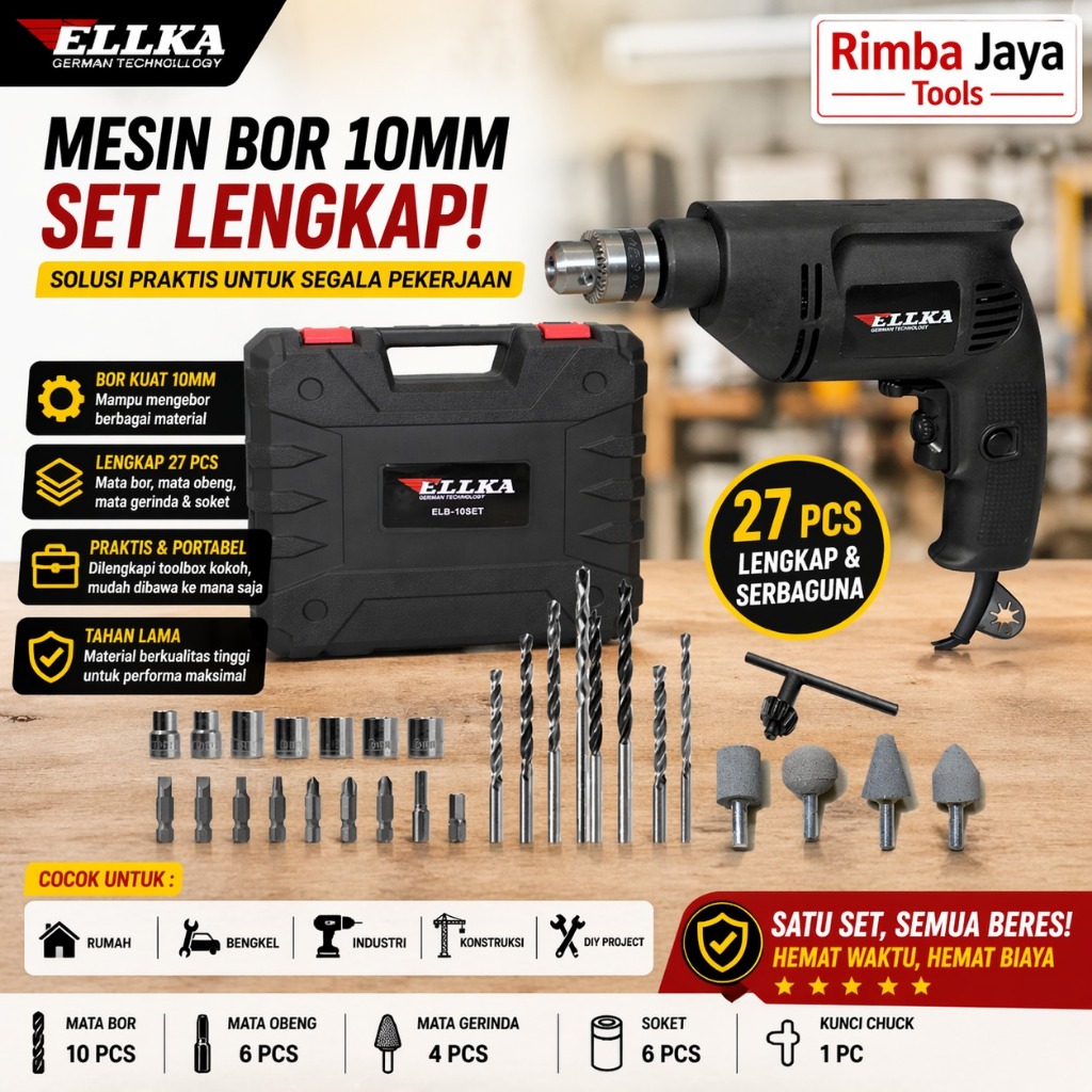 ELLKA Mesin Bor Listrik Bor 10mm SET BOX - Bor Beton Tembok Kayu Besi Putaran bolak balik Mesin Bor 