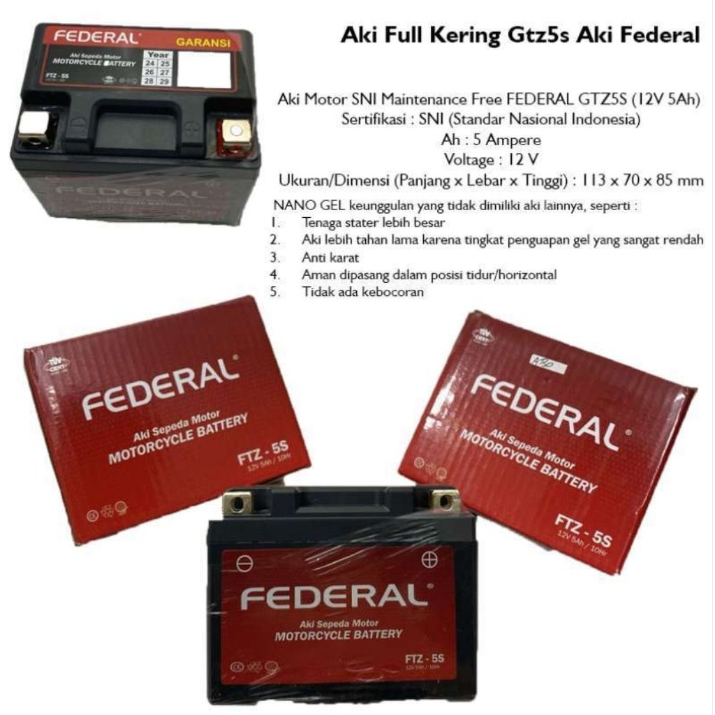 aki kering federal 5 ampere motor