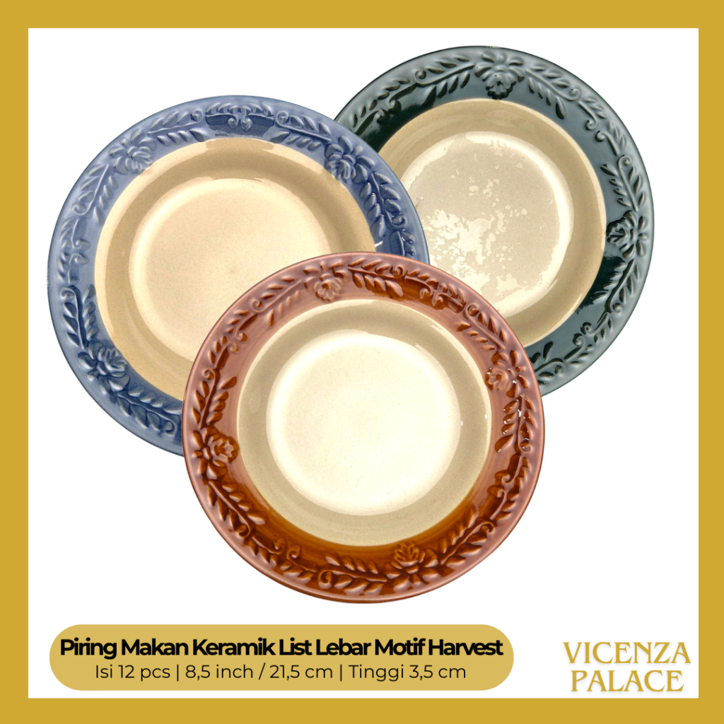 Piring Makan Keramik Emboss Motif E16 Harvest Warna Lucky Ukuran 8 inch (1 Lusin)