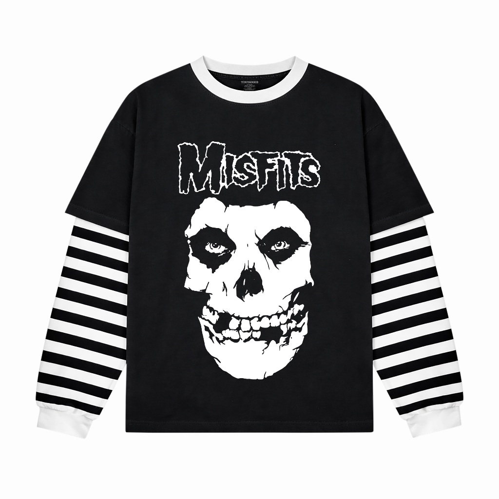 Yinyanks T-shirt Double layer Rib Salur Misfits Skull long sleeve  kaos pria wanita