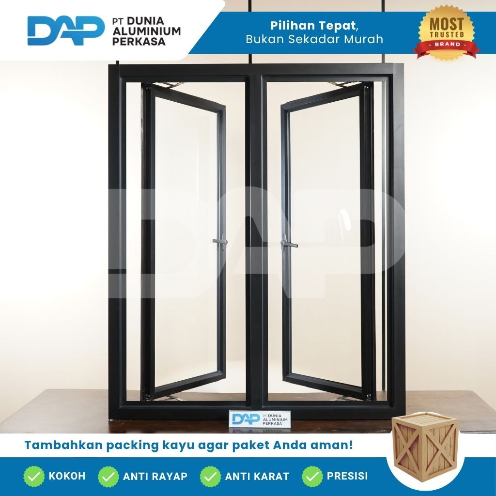 Jendela Aluminium L120 x T150 Casement 2 Daun Custom Kusen Aluminium + Kaca