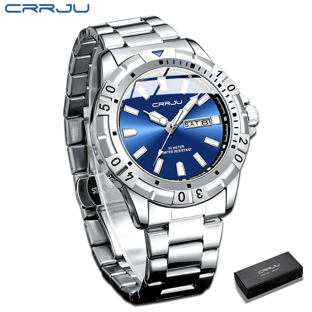 CRRJU Jam Tangan Pria 100% Original Kuarsa Anti Air Bercahaya Stainless Steel Kalender Minggu Men Wa