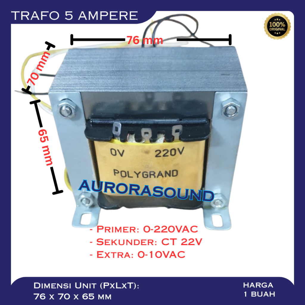 TRAFO 5 AMPERE POLYGRAND TRAVO 5A CT 22 VOLT EXTRA 0 - 10 VOLT