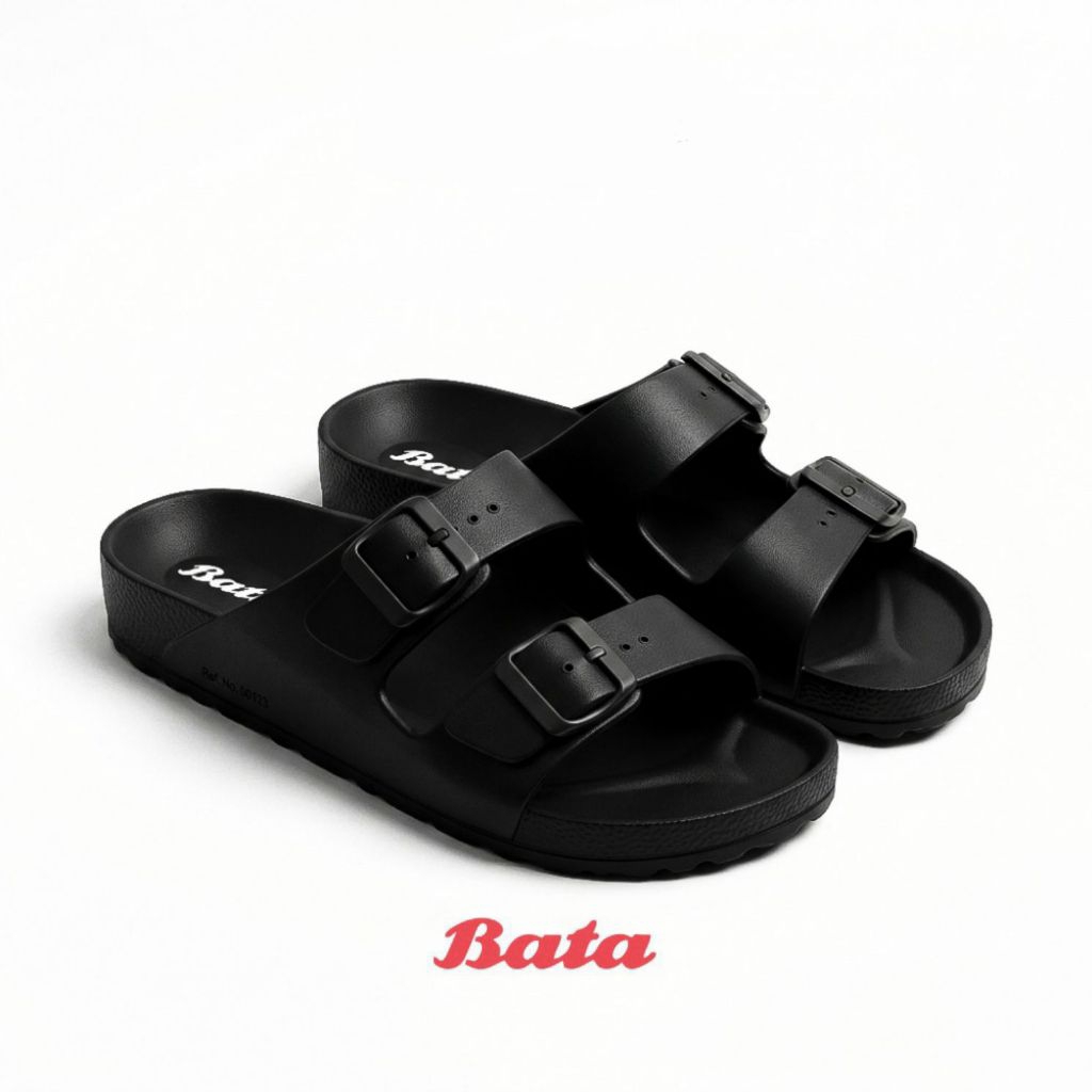 Bata Sandal Double Buckle Black - Sandal Selop Wanita Gesper Strap 2 Bahan Phylon Karet Ringan Lentu
