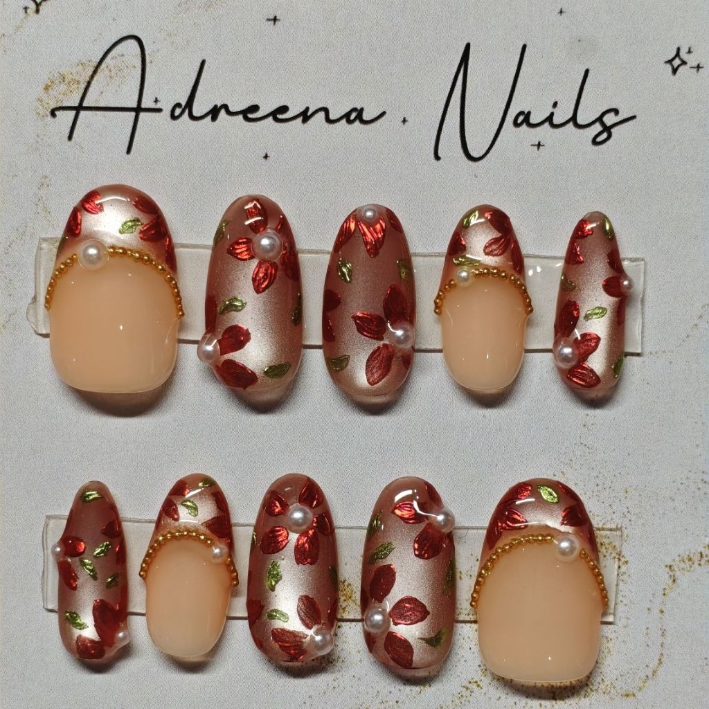 Press on Nails - Kuku Palsu Pink Merah Muda Nude Cat Eye Chrome Bunga