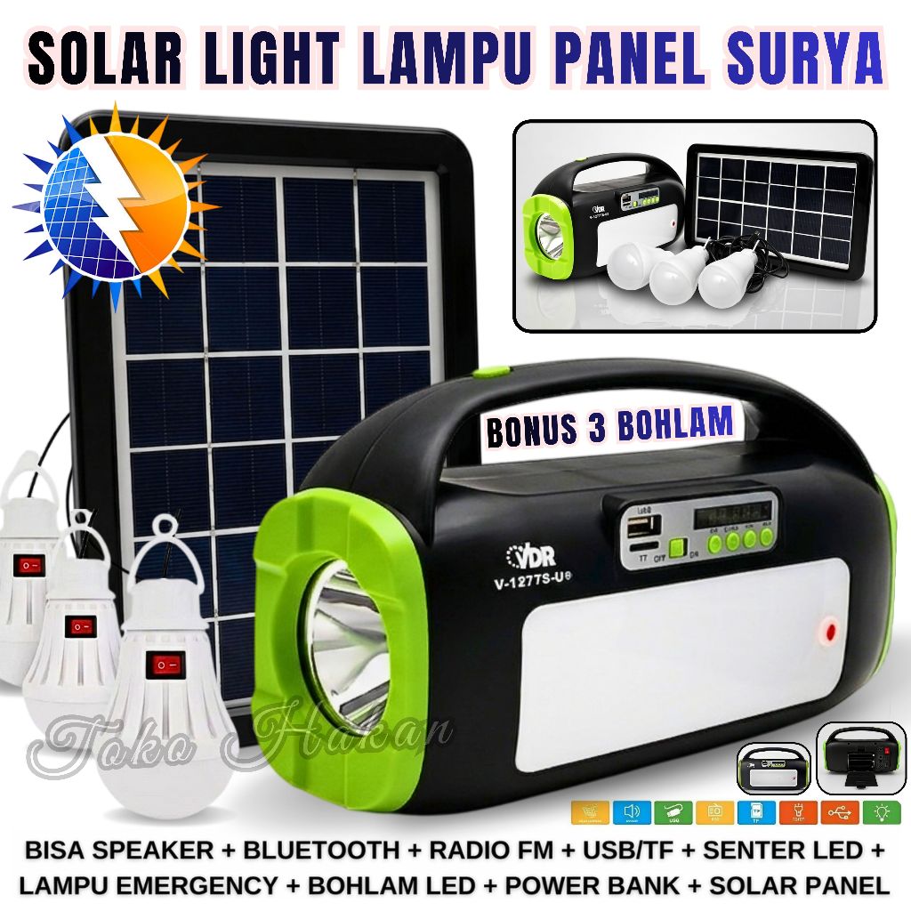 Solar Light Lampu Senter Panel Surya VDR V-1277S-U Dengan 3 Bohlam - Solar Lighting System Lampu Eme