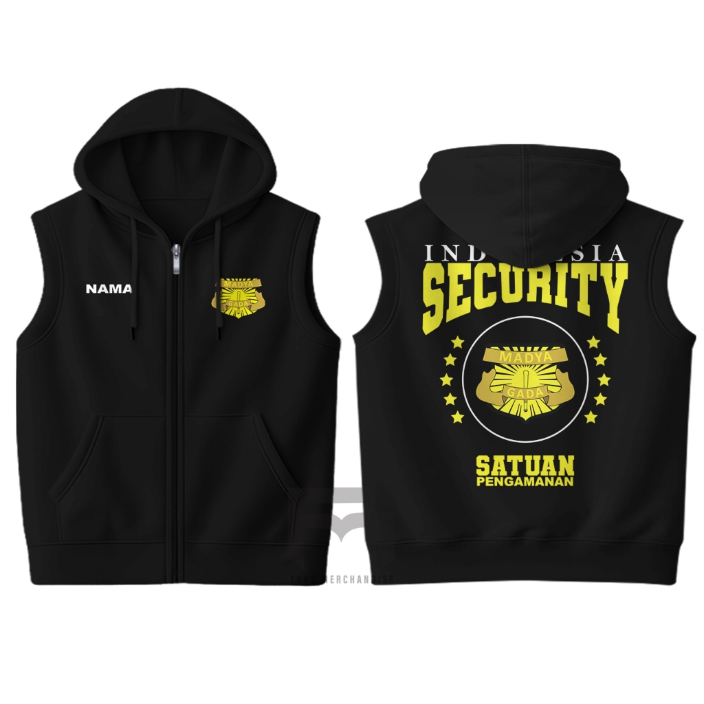 Rompi Vest Hoodie Zippers Pria Jaket Gada Madya Security Indonesia Cotton Fleece Hitam