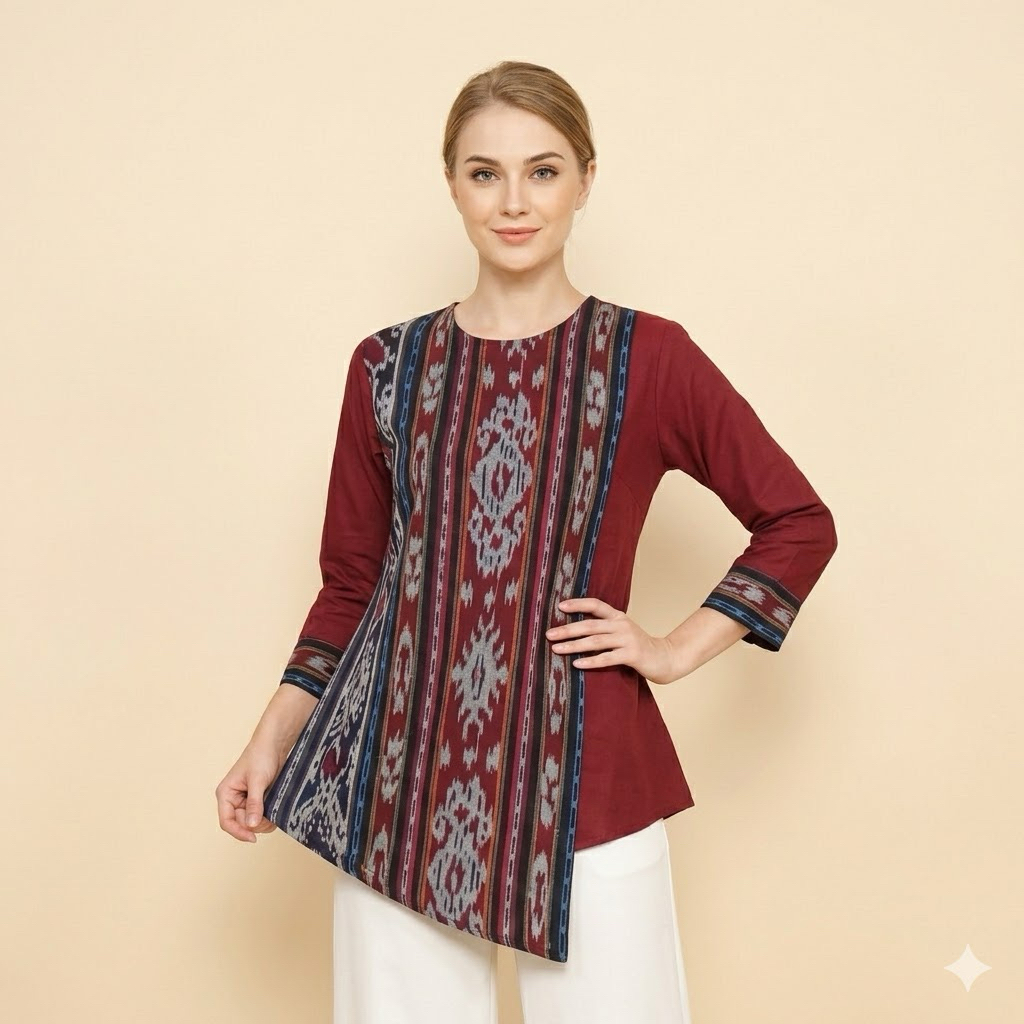 Shanaya Baju Batik Wanita Bisa Couple Blus Marun Navy Tenun Belakang Toyobo Seragam Kerja Kuliah Res