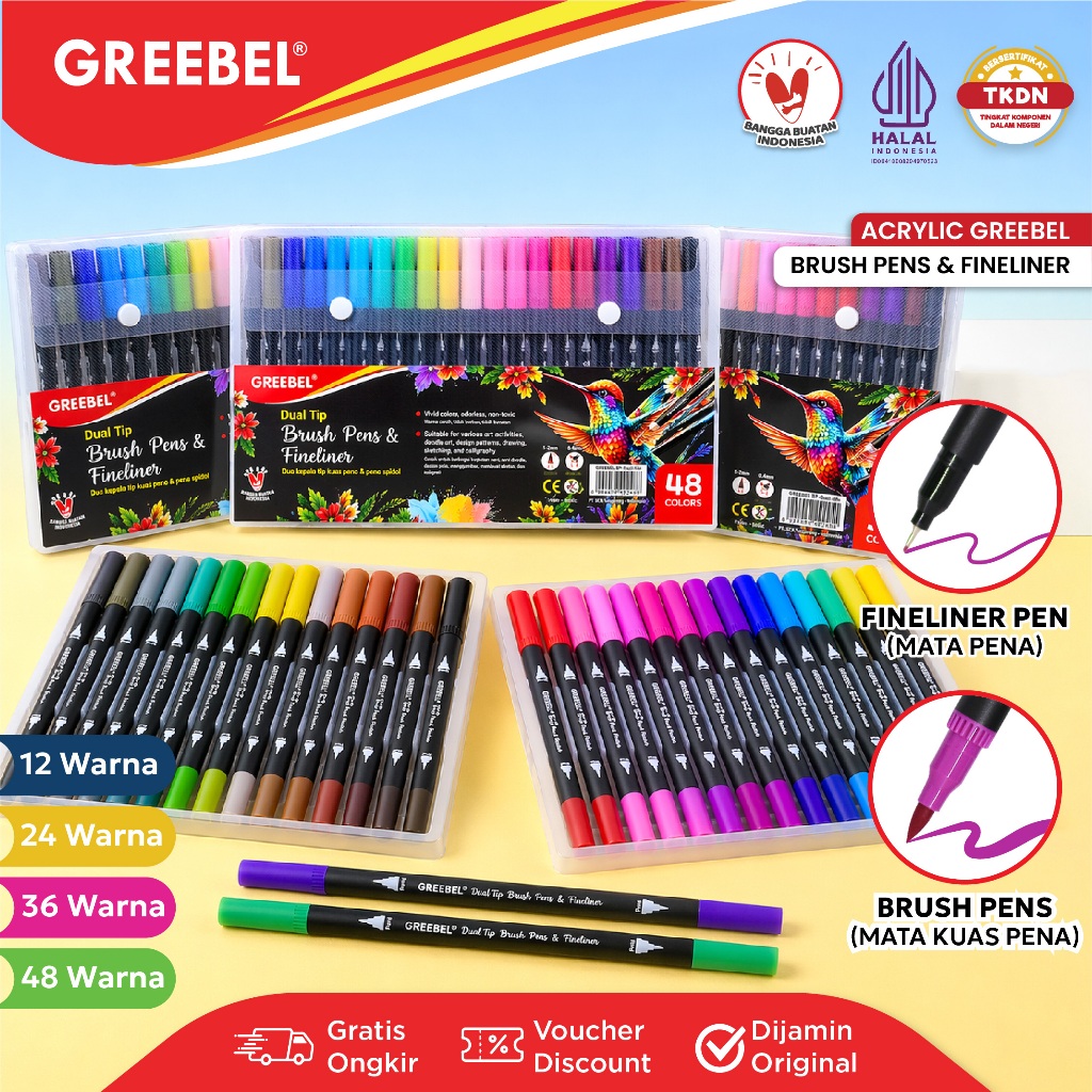 GREEBEL Dual Tip Brush Pen Color 12 24 36 48 Warna / Spidol Kuas Set Marker Drawing Pen