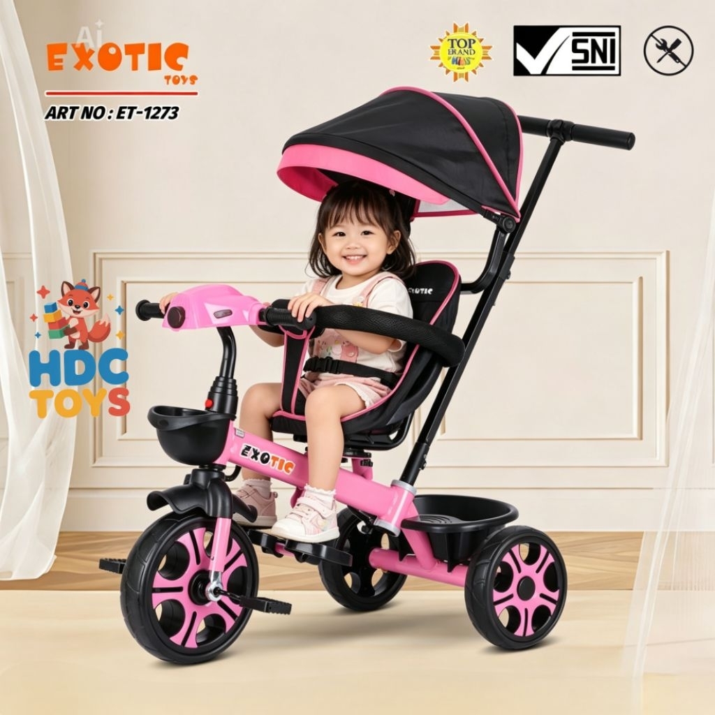 Sepeda Anak Roda Tiga Tricycle Exotic ET 1273 Ban Karet, Sepeda Stroller Roda Tiga