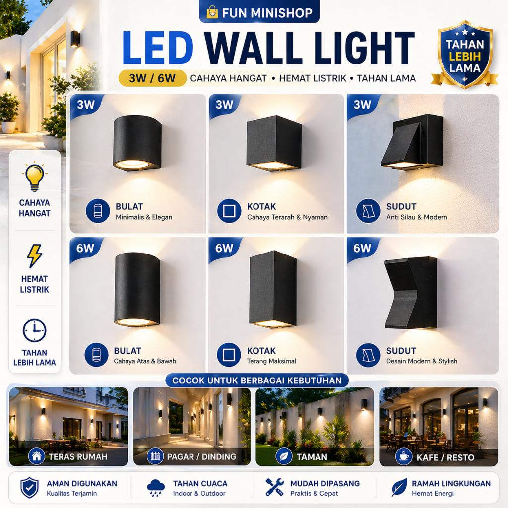 FUN MINISHOP Lampu Dinding LED Minimalis Wall Lamp  Lampu Teras Lampu Pilar Outdoor IP65