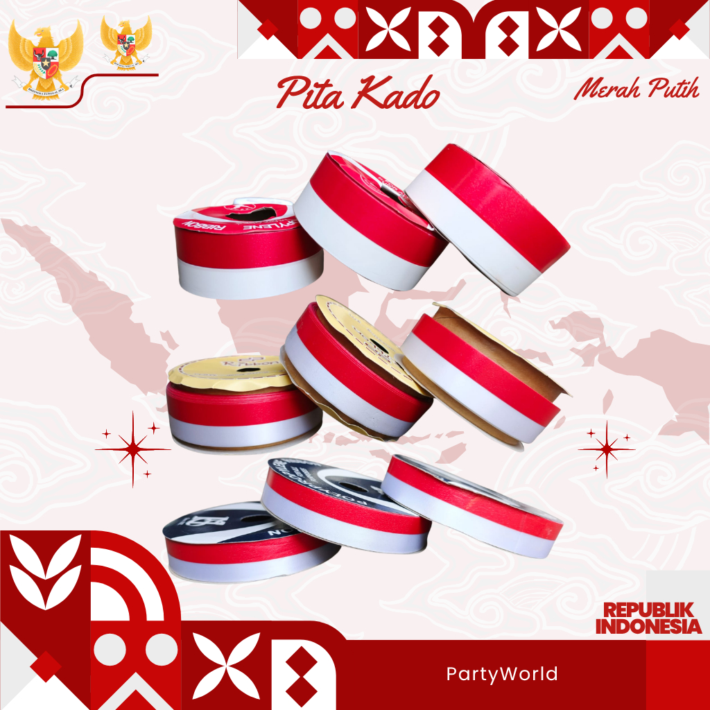 [Roll] Pita Kado Merah Putih Uk 2cm 2,5cm 3,8cm | Pita Bendera Merah Putih 20mm 25mm 28mm | Pita Kad