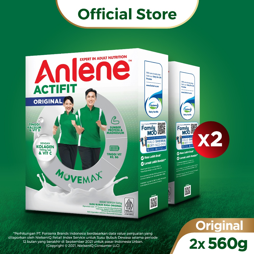 Anlene Actifit 3X Susu Bubuk Dewasa Original 2 x 560g - Nutrisi Tinggi Kalsium Untuk Tulang, Sendi, 